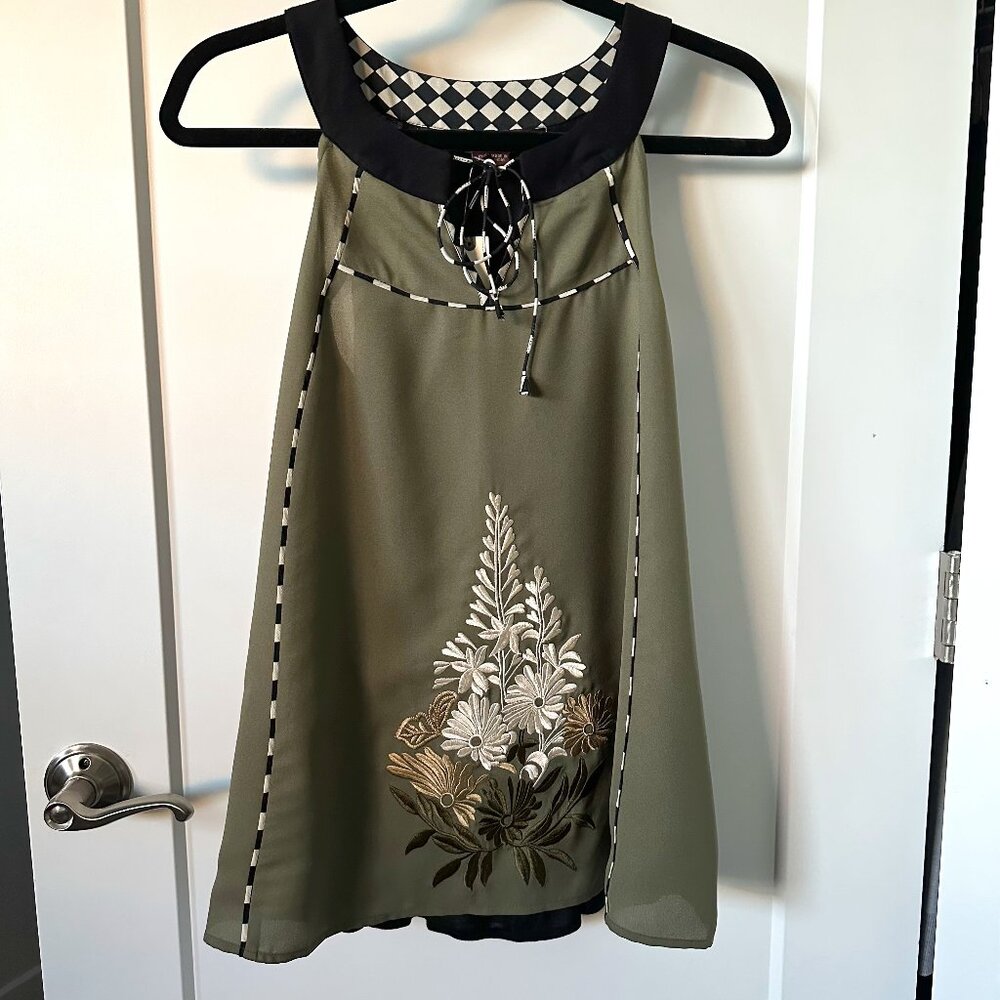 Anthropologie Annalise Embroidered Halter Top Olive Green Black Sleeveless NWT